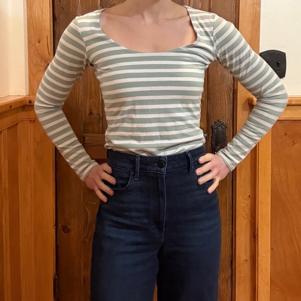 Cotton On Dusty Sage Green and White Striped Long Sleeve Top
